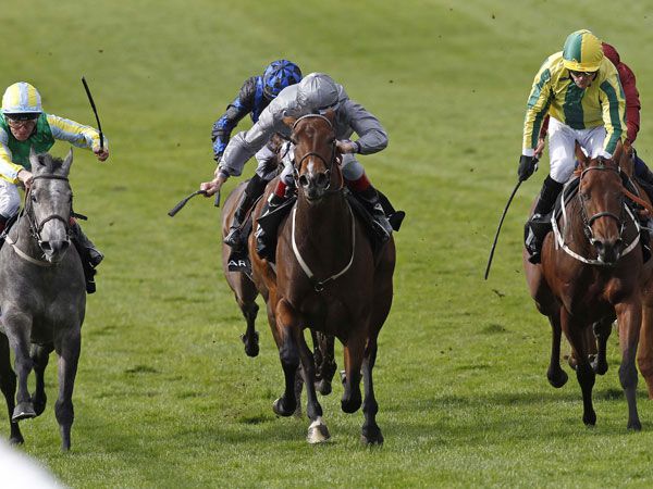 Rosdhu Queen (centre) winning the G1 Cheveley Park Stakes